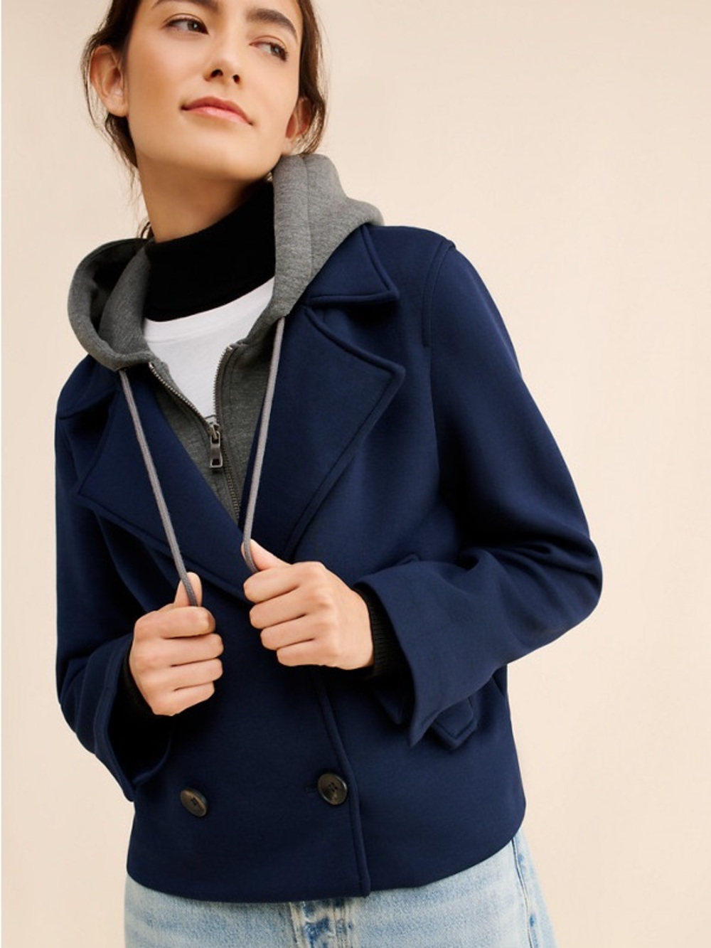 Maeve Anthropologie Twofer Hooded Peacoat Jacket Coat Navy Blue Gray XL